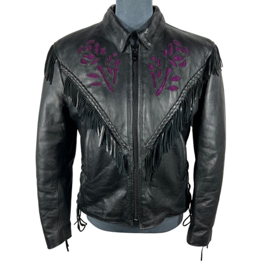 UNIK Leather Fringe Biker Jacket Small Black Purple Rose Inlay Motorcycle Goth‎